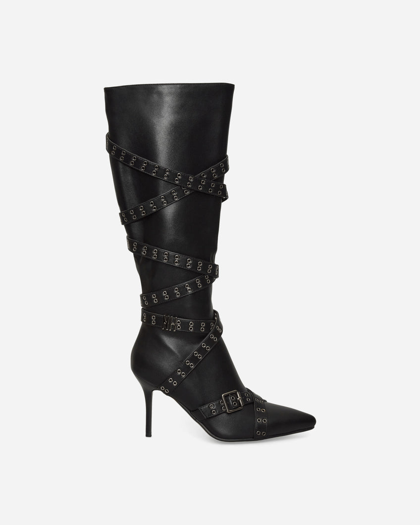 Nii Hai Wmns Nii Hai Strappy Boots In Black Black Boots Knee PRE22SHOENHSB BLK
